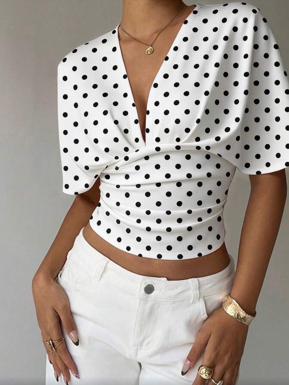 Polka Dot V-Neck Puff Sleeve Crop Top - White